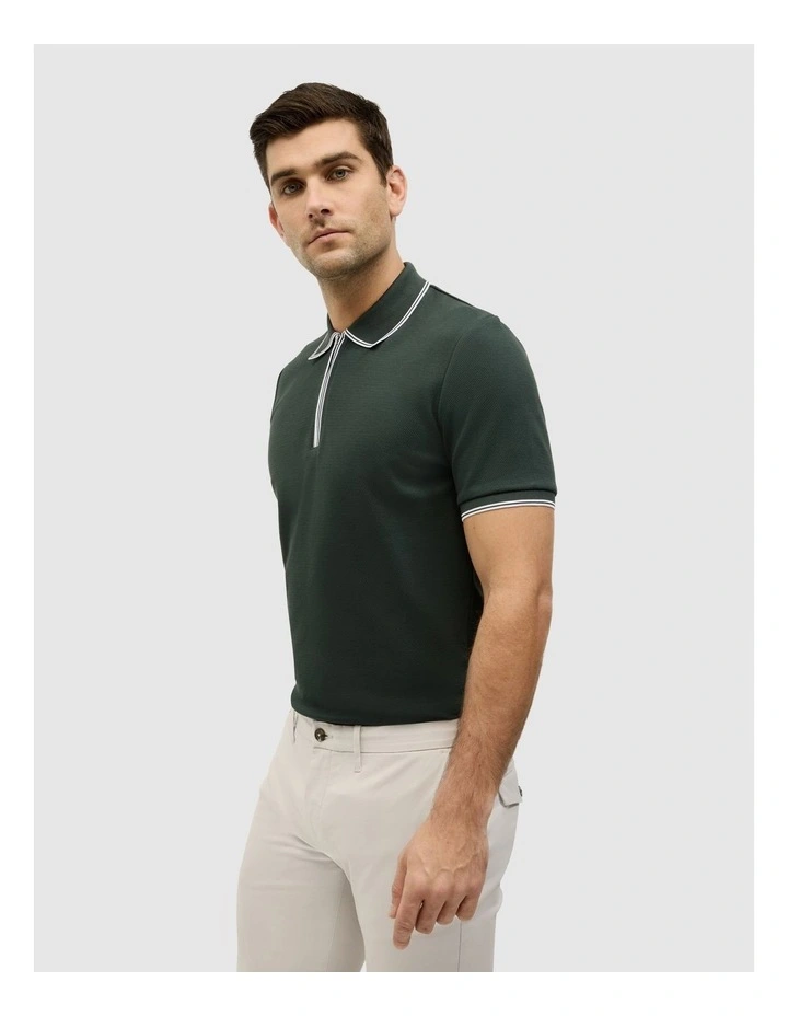 Textured Zip Collar Polo in Forest image 5
