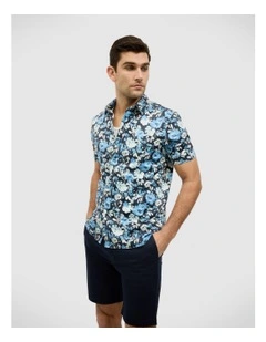 Painted Floral Short Sleeve Shirt in Blue