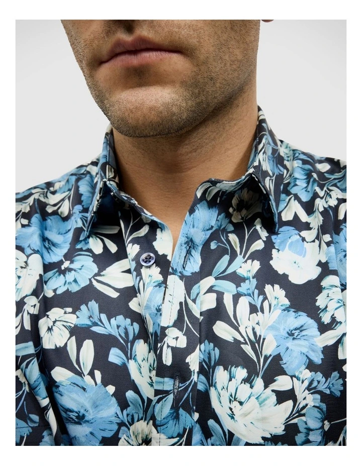 Painted Floral Short Sleeve Shirt in Blue image 3