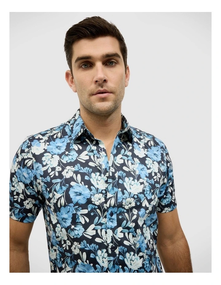 Painted Floral Short Sleeve Shirt in Blue image 4