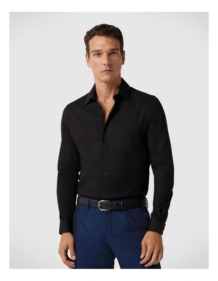 Slim Fit Long Sleeve Textured Dress Shirt in Black image 1