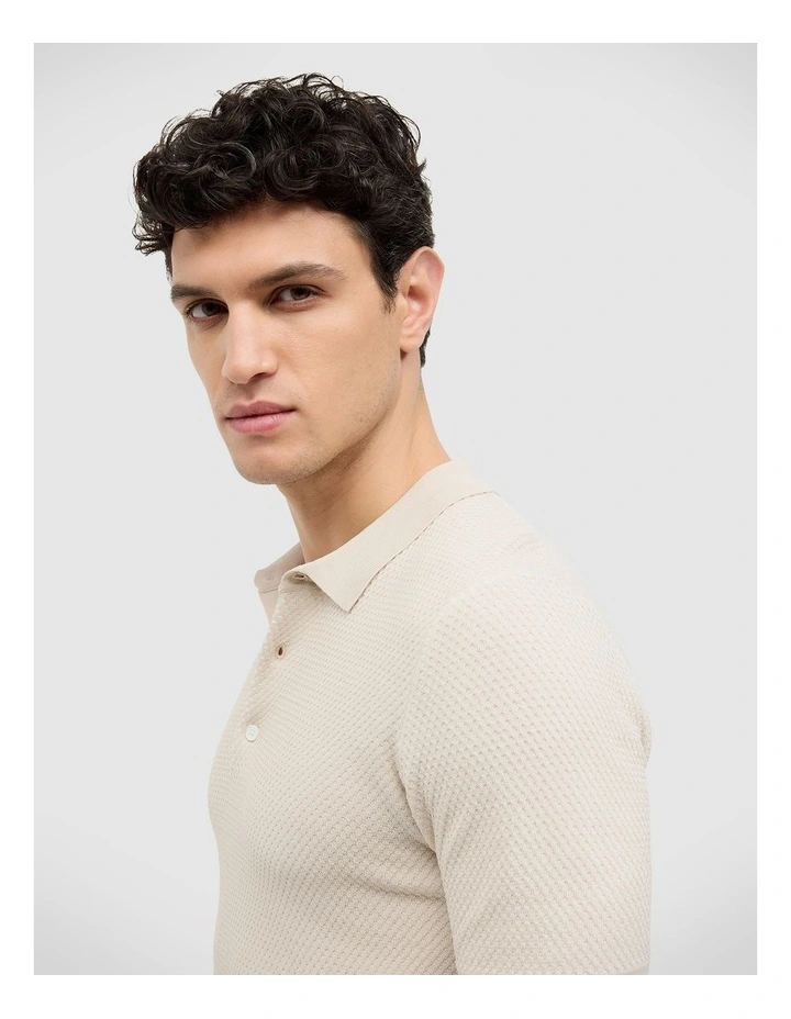 Waffle Lightweight Knit Polo in Natural image 3