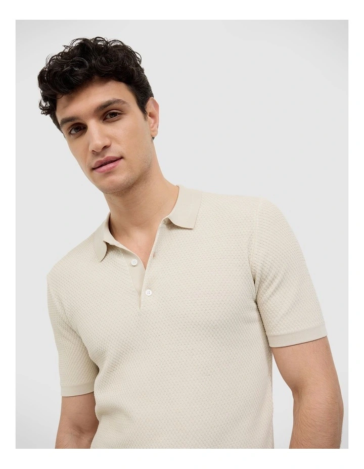 Waffle Lightweight Knit Polo in Natural image 4