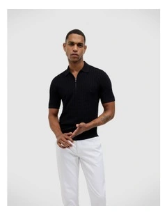 Textured Zip-up Knit Polo in Black