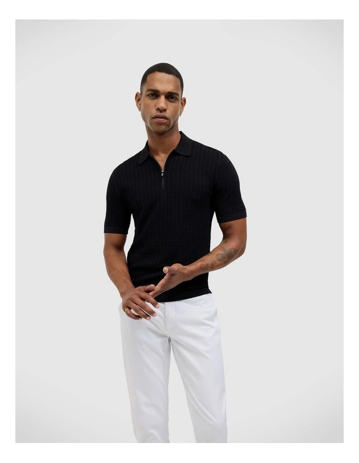 Textured Zip-up Knit Polo in Black image 1