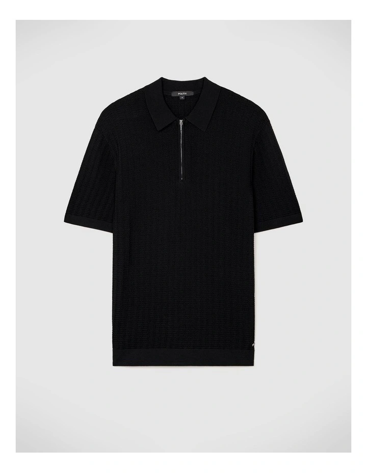 Textured Zip-up Knit Polo in Black image 2