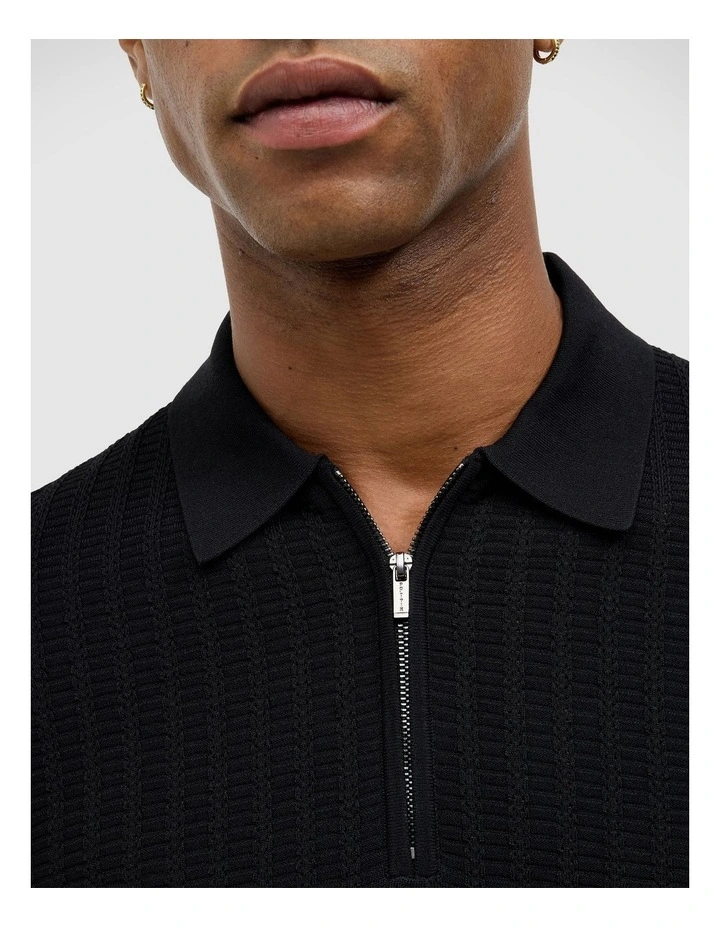 Textured Zip-up Knit Polo in Black image 4