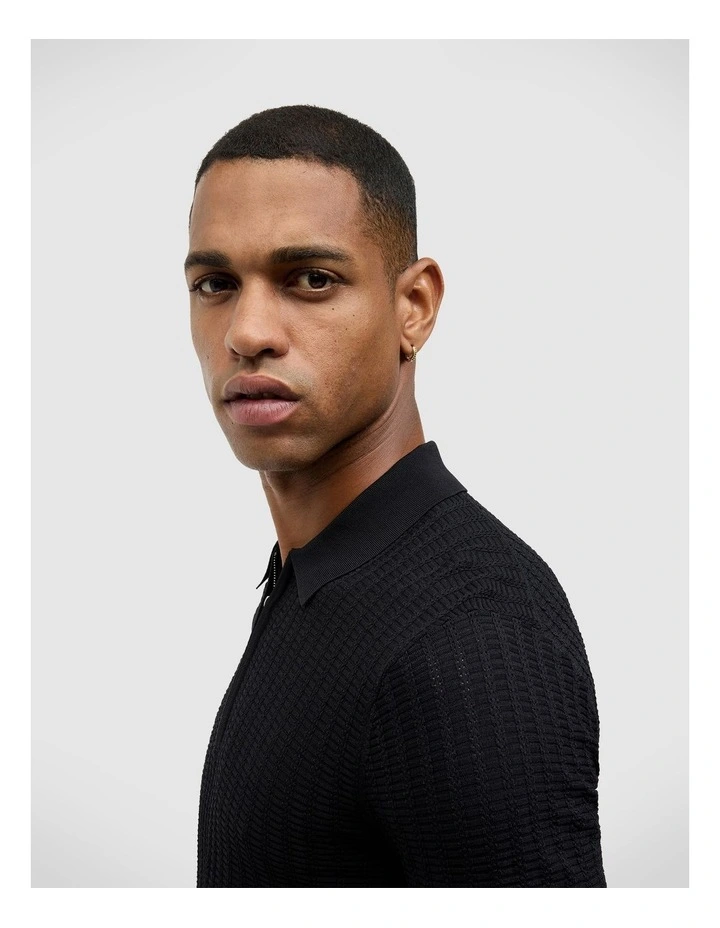Textured Zip-up Knit Polo in Black image 5