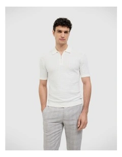 Textured Zip-up Knit Polo in White
