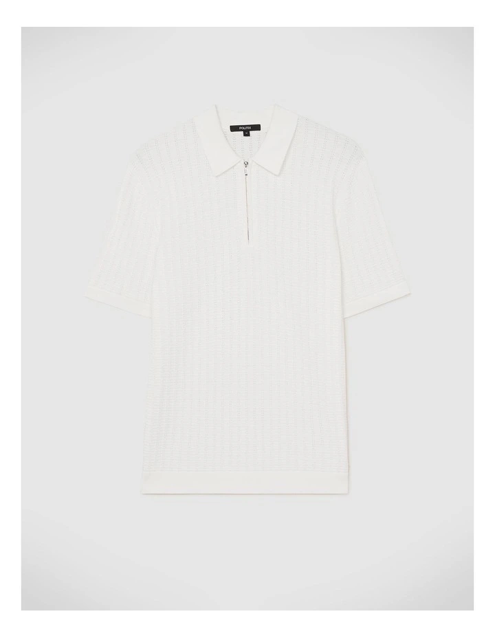 Textured Zip-up Knit Polo in White image 2