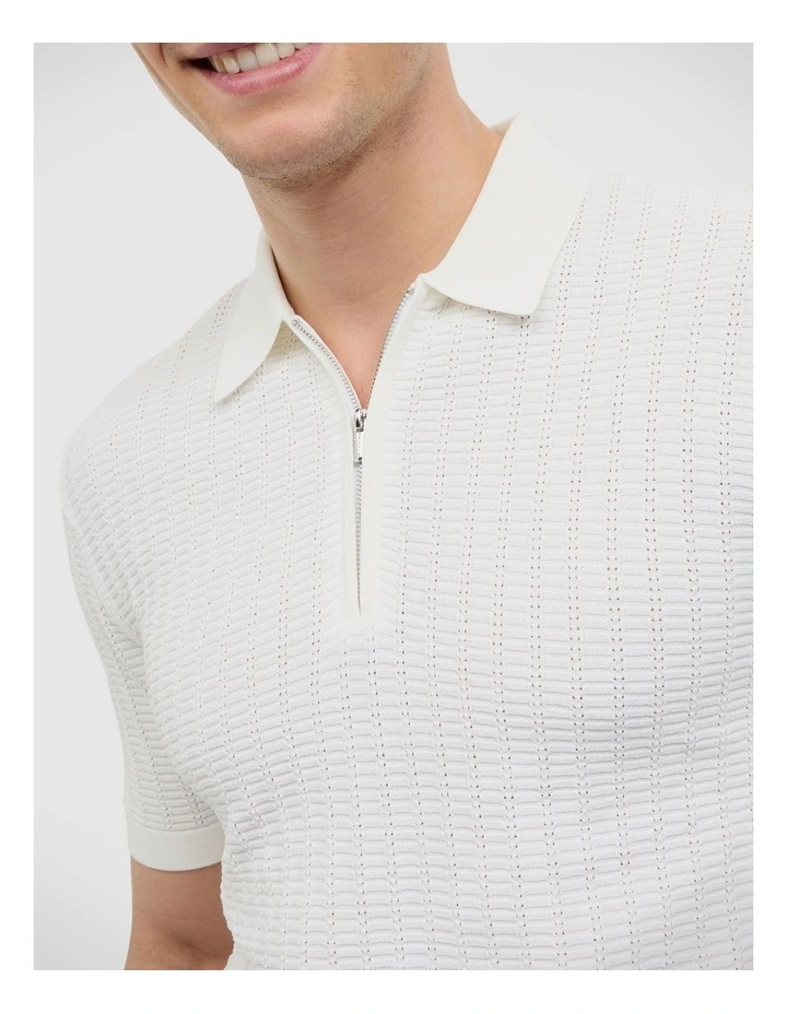 Textured Zip-up Knit Polo in White image 4