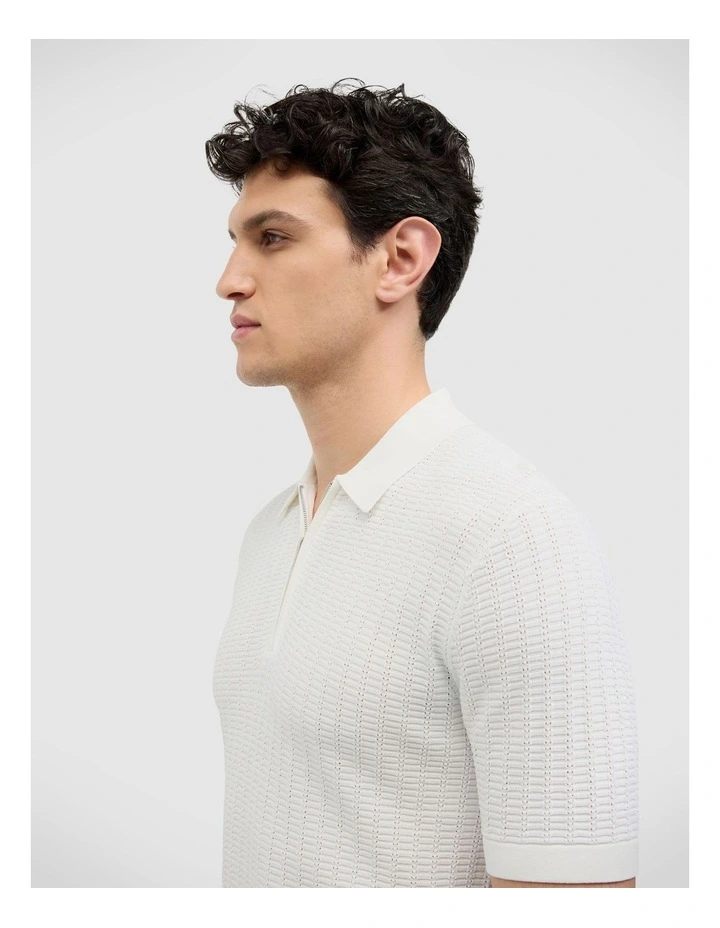 Textured Zip-up Knit Polo in White image 5