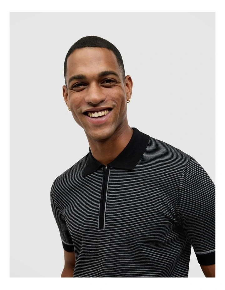 Joseph Stripe Knit Polo in Black image 1