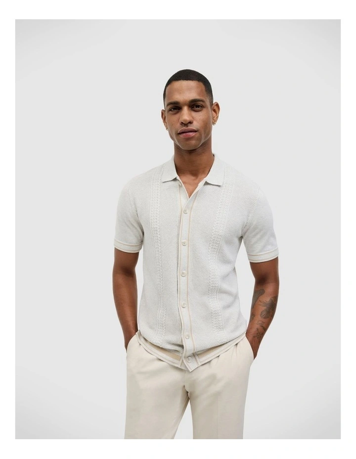 Stripe Button Through Cable Knit Polo in Natural image 1