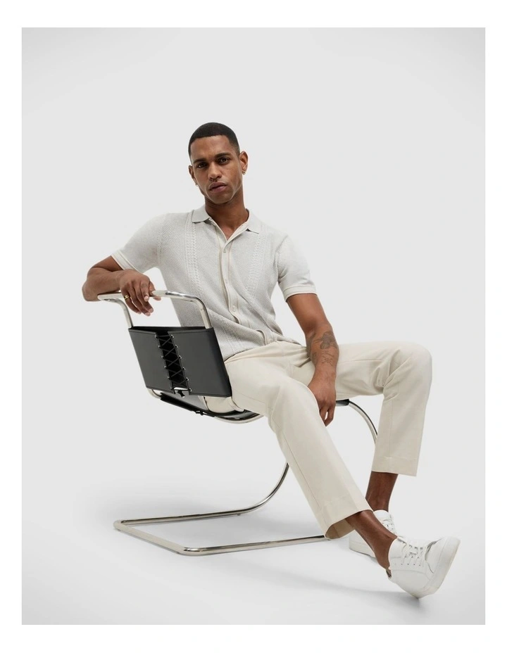 Stripe Button Through Cable Knit Polo in Natural image 3