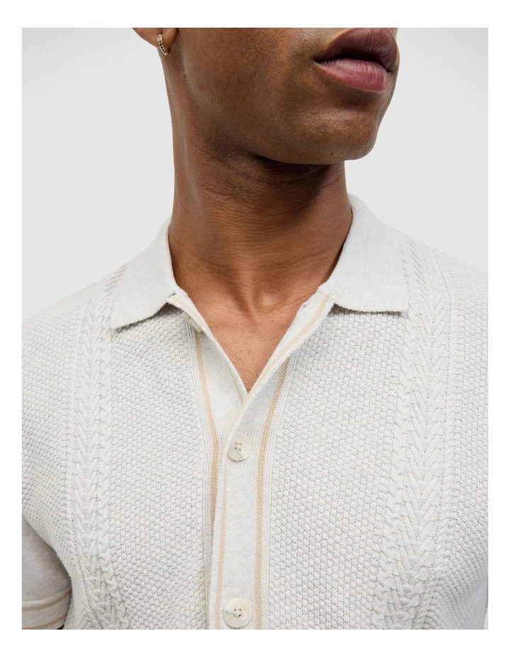 Stripe Button Through Cable Knit Polo in Natural image 4