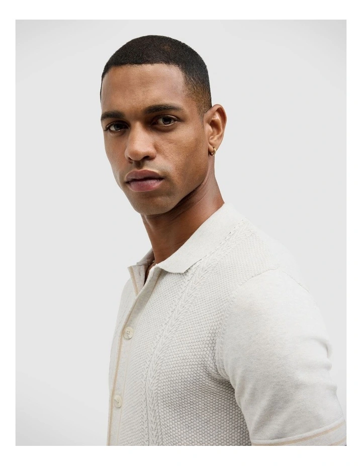 Stripe Button Through Cable Knit Polo in Natural image 5
