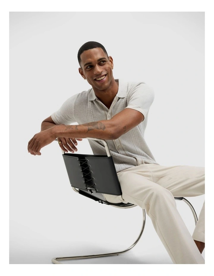 Stripe Button Through Cable Knit Polo in Natural image 6