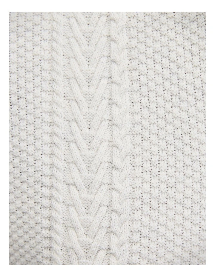 Stripe Button Through Cable Knit Polo in Natural image 7