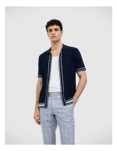 Stripe Button Through Cable Knit in Navy