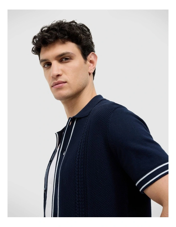 Stripe Button Through Cable Knit in Navy image 5