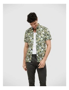 Painted Floral Short Sleeve Shirt in Khaki