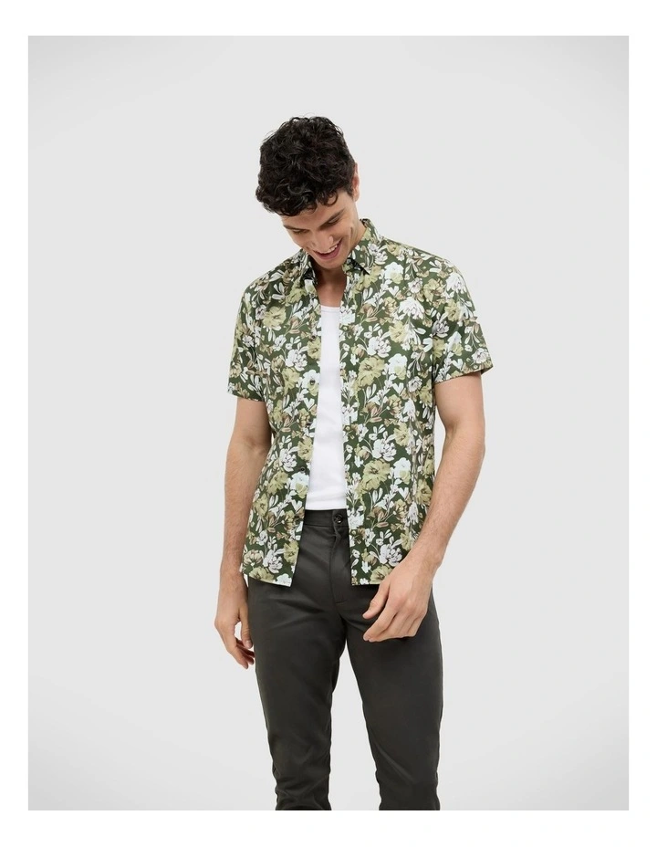 Painted Floral Short Sleeve Shirt in Khaki image 1