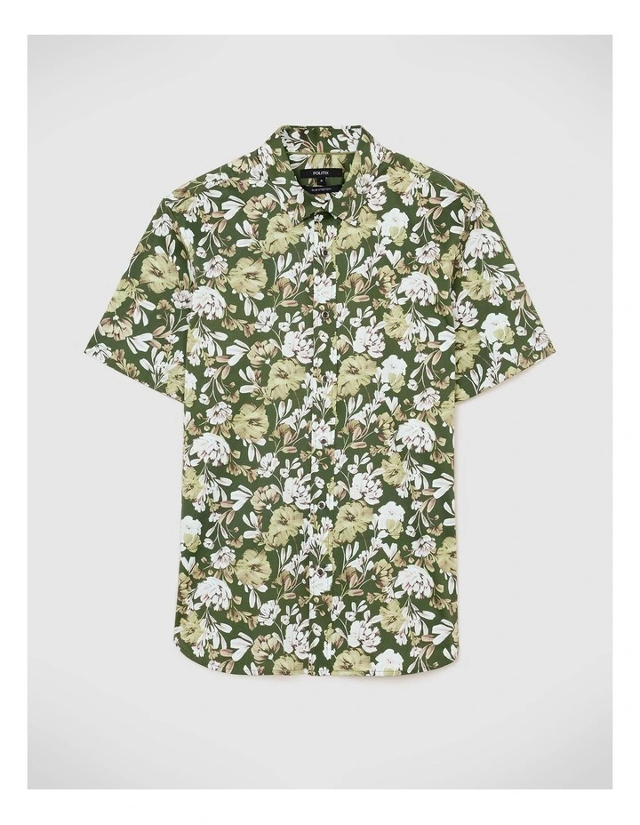 Painted Floral Short Sleeve Shirt in Khaki image 2