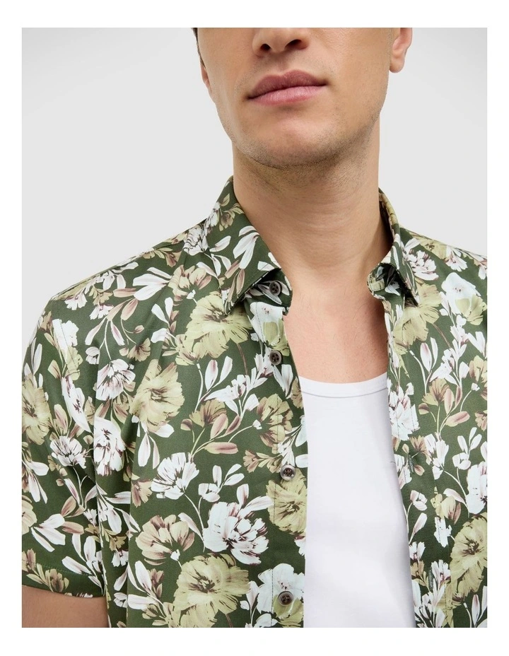 Painted Floral Short Sleeve Shirt in Khaki image 4