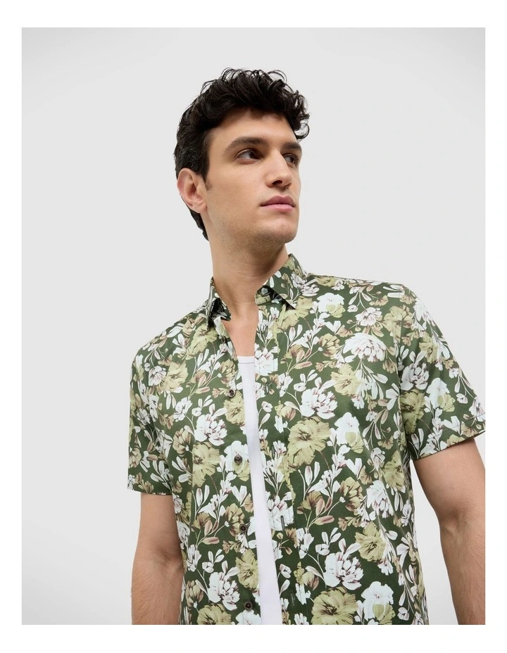 Painted Floral Short Sleeve Shirt in Khaki image 5