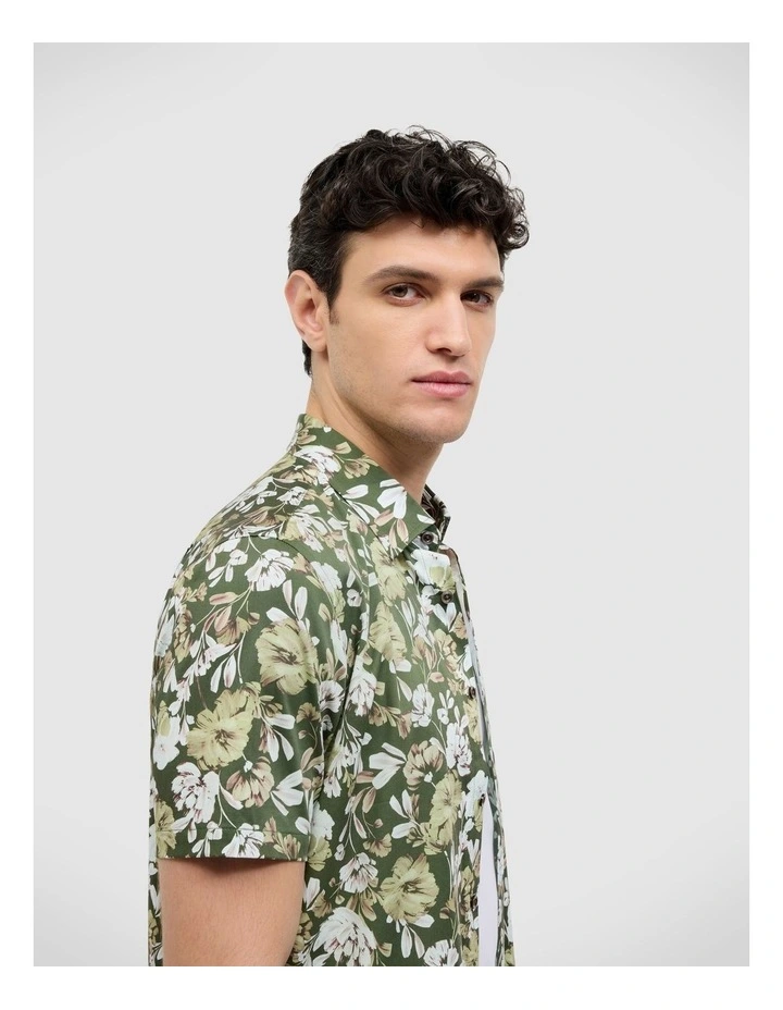 Painted Floral Short Sleeve Shirt in Khaki image 6