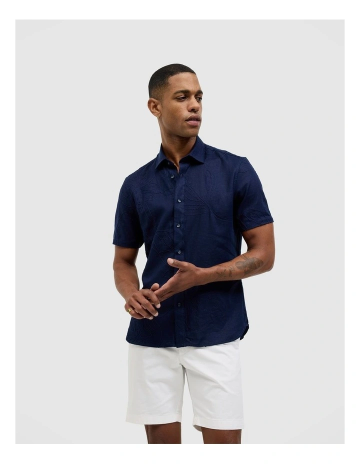 Embroidered Floral Short Sleeve Shirt in Navy image 1