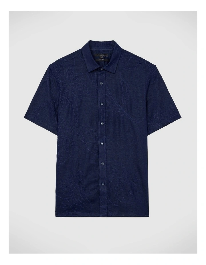 Embroidered Floral Short Sleeve Shirt in Navy image 2