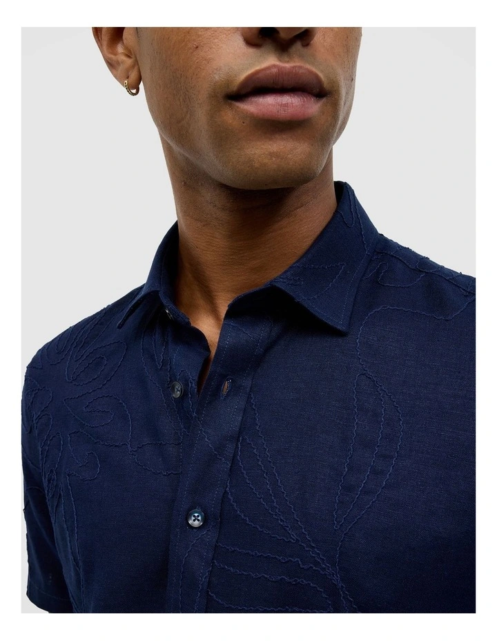 Embroidered Floral Short Sleeve Shirt in Navy image 4