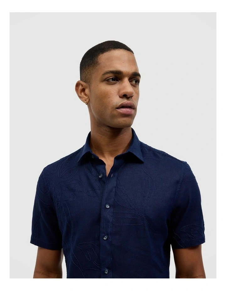 Embroidered Floral Short Sleeve Shirt in Navy image 5