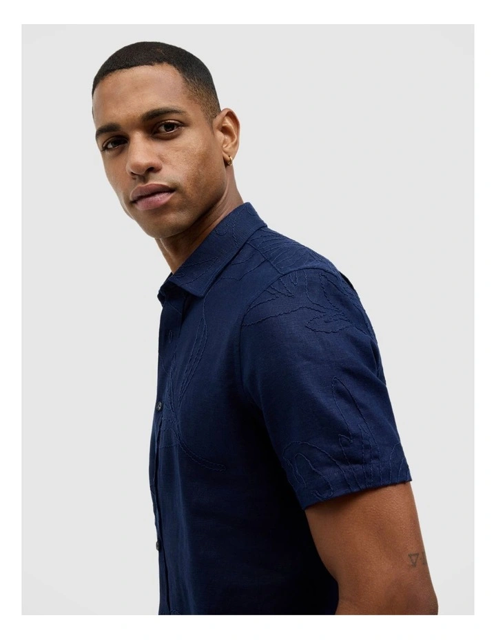 Embroidered Floral Short Sleeve Shirt in Navy image 6