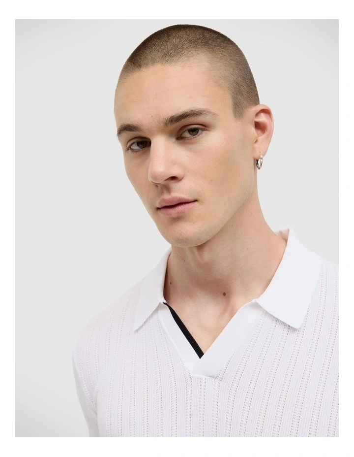 Anderson Stripe Texture Knit Polo in White image 4
