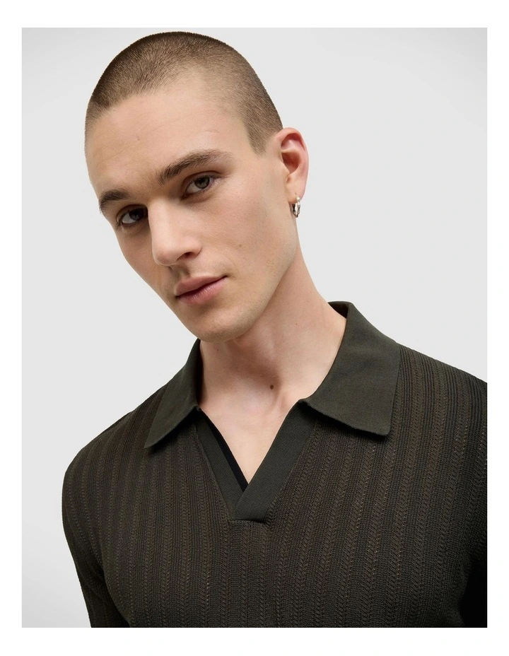 Anderson Stripe Texture Knit Polo in Dk Khaki image 4