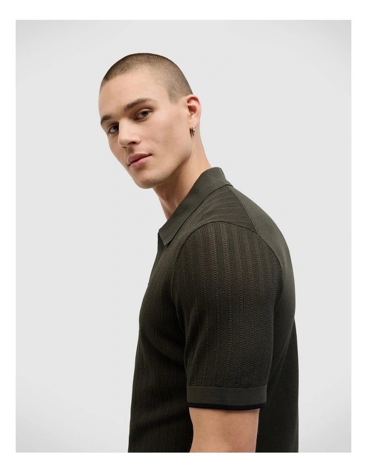 Anderson Stripe Texture Knit Polo in Dk Khaki image 5