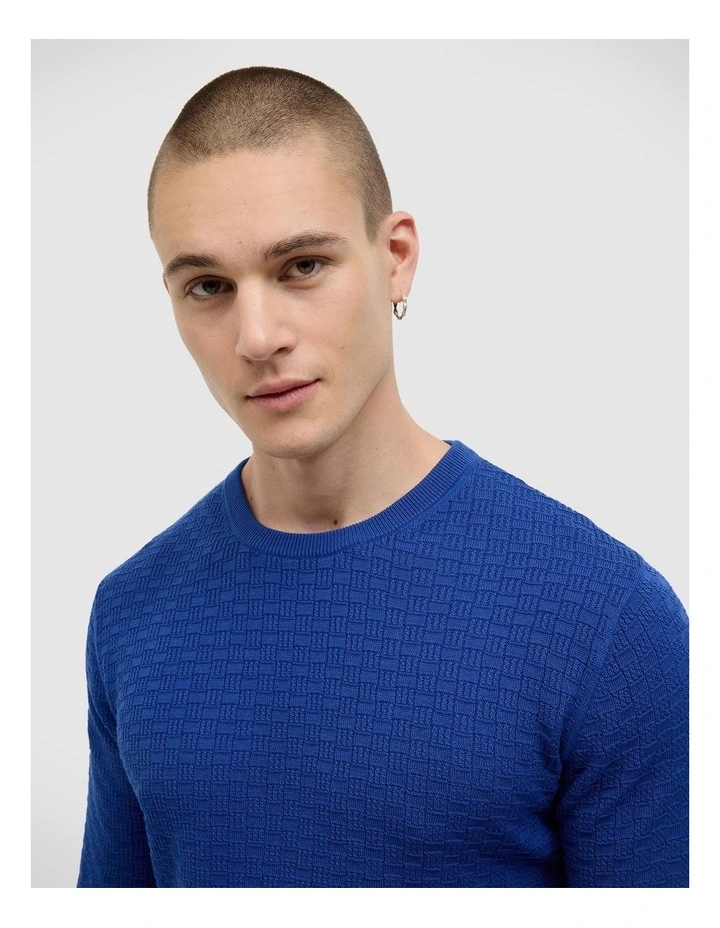Elvin Geo Textured Crew Knit in Cobalt Blue image 3