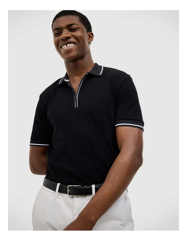 Morgan Textured Zip-up Polo in Black image 1