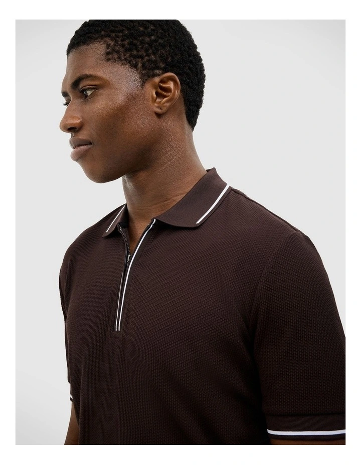 Morgan Textured Zip-up Polo in Chocolate image 5