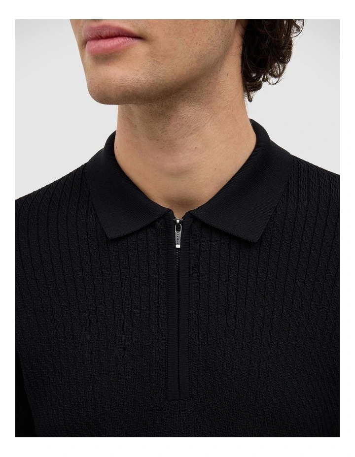Callum Textured Knit Polo in Black image 3