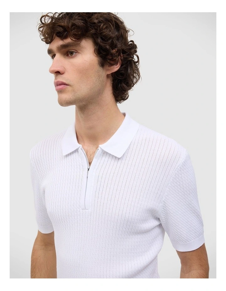 Callum Textured Knit Polo in White image 5