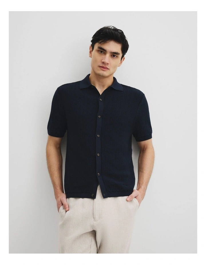Australian Cotton Short Sleeve Textured Knit Shirt in Navy image 2