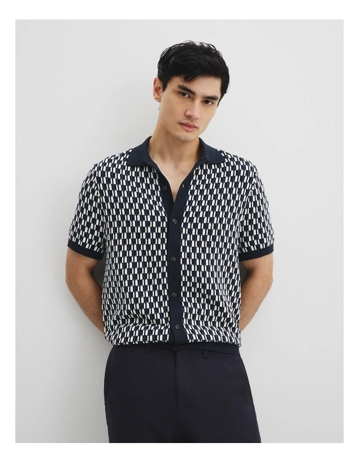 Australian Cotton Short Sleeve Geometric Knit Shirt in Navy Multi image 3