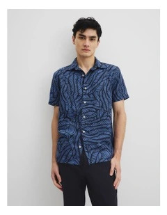 Short Sleeve Leaf Tencel Linen Shirt in Navy