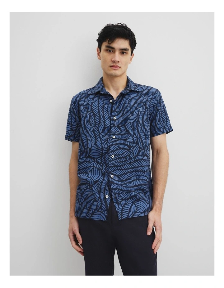 Short Sleeve Leaf Tencel Linen Shirt in Navy image 1
