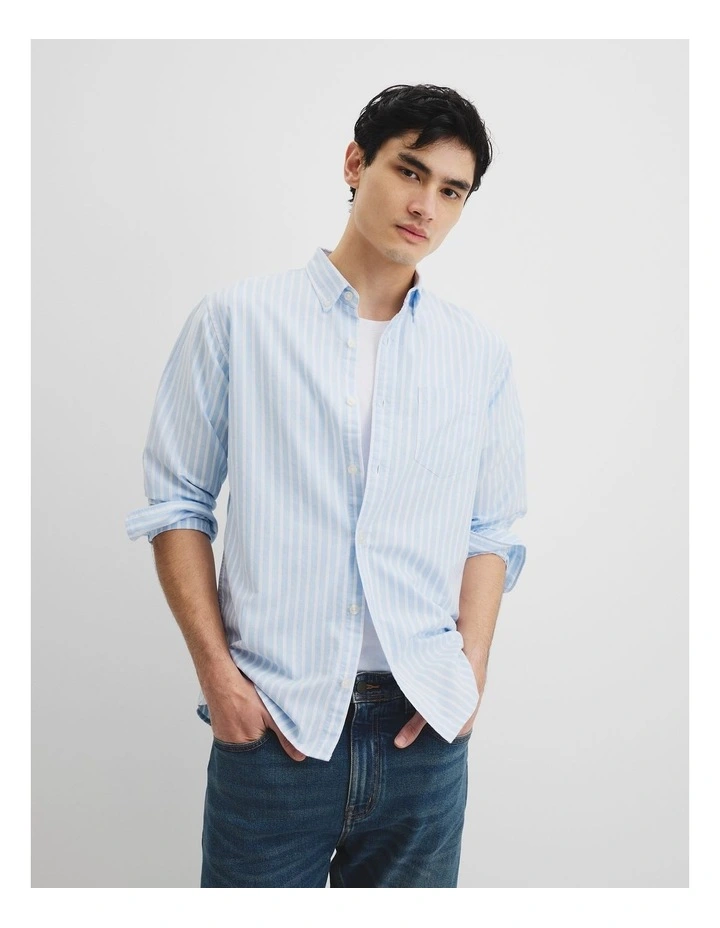Long Sleeve Regular Fit Australian Good Earth Cotton Stripe Oxford Shirt in Mineral image 1