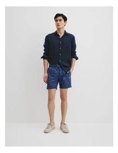 Recycled Polyester Leaf Print Swim Short in Navy